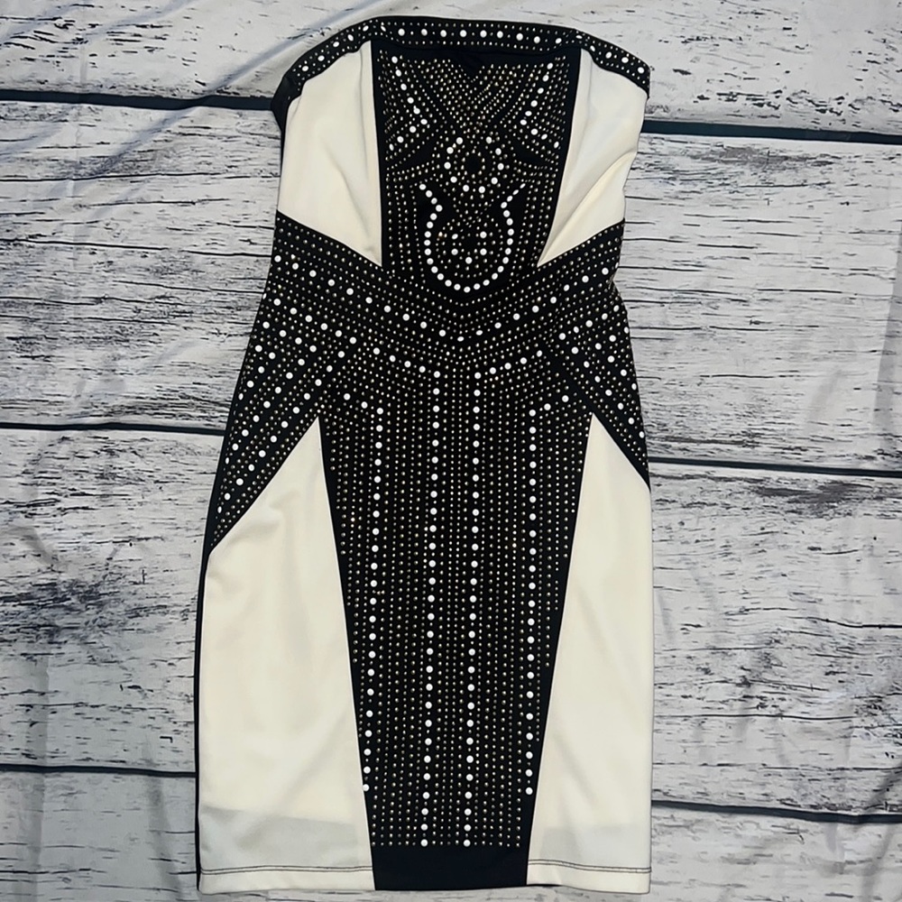 Beaded Strapless Cocktail Dress Ivory Black Size Small